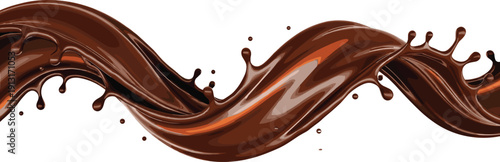 Abstract chocolate splash wave flowing swirl isolated on white background, glossy liquid cocoa stream, dynamic dessert design element, sweet food motion concept