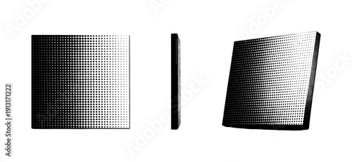 Gradient dot pattern tile represented as one density-shift pattern tile object shown in three views: front view, side view, and three-quarter