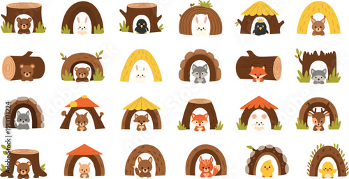 Cute forest animal homes collection illustration featuring bear, fox, rabbit and bird characters, playful cartoon vector set isolated on clean white background