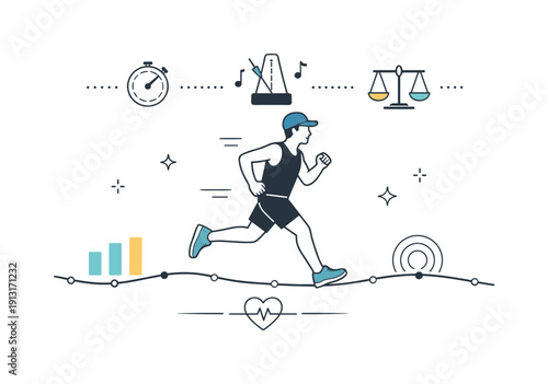 Pacing during training run. A focused runner maintaining even speed along a simple route. Abstract lines and icons visualize timing, balance,