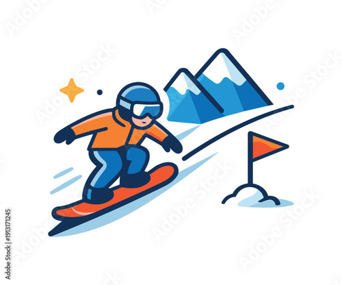 Skiing or snowboarding down a snowy mountain slope symbolized by a rider descending toward a simple flag marker, suggesting challenge,