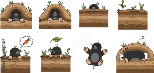 Cute mole character collection illustration featuring underground burrow scenes, playful cartoon wildlife design, adorable vector set isolated on clean white background