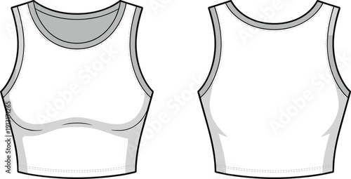Women cropped tank top front and back view, cad drawing flat vector illustration for fashion design template mockup
