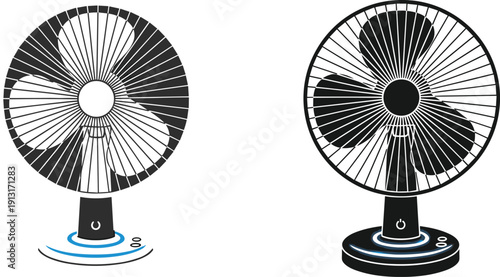 Electric desk fan illustration, household cooling appliance silhouettes, black vector design isolated on white background, ventilation and air circulation concept