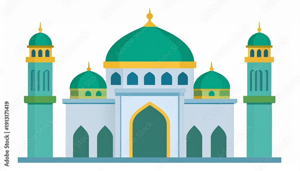 Fototapeta premium Modern white mosque with green domes and minarets illustration vector design