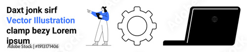 Person in blue sweater pointing, a gear symbol in the center, and a black laptop. Ideal for technology, workflow, teamwork, innovation, productivity, creativity simple landing page