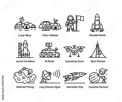 Future space missions. Line icon set of Future space missions: lunar base, Mars habitat, astronaut with flag, reusable rocket, launch
