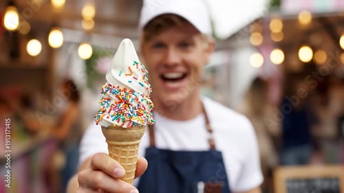 Happy vendor holding delicious ice cream cone with colorful sprinkles at outdoor food stall