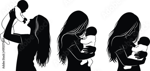 Mother and baby silhouette illustration collection showing caring parenting moments, maternal love concept, black and white vector character design set