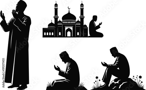 Muslim prayer silhouette illustration collection featuring men making dua near mosque, Islamic worship concept, black and white vector religious design set