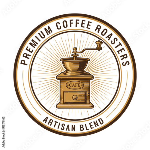 Premium Coffee Roasters logo with vintage grinder and artisan blend text vector illustration.