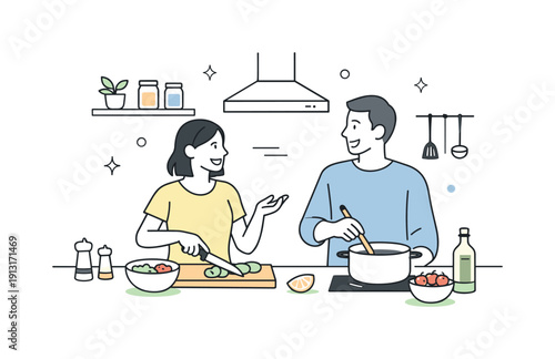 Minimalist kitchen scene. A couple preparing a meal together with clean surfaces and few objects, chatting casually. The composition feels