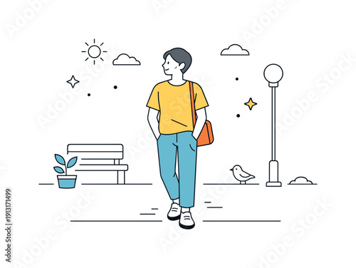 Image Generation. People stopping more often. A person paused mid-walk on a sidewalk, looking around calmly. Slower pace of life, small breaks woven into