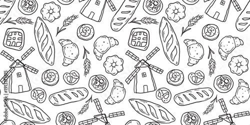 Bakery seamless pattern. Hand drawn bakery sketch in simple minimal line art style. Composition with bread, assorted pastries and vintage windmill. Doodle vector illustration