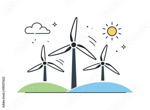 Future wind power. Stylized windmill blades rising above a simple landscape, sun and cloud icons arranged softly. Clean energy, optimism,