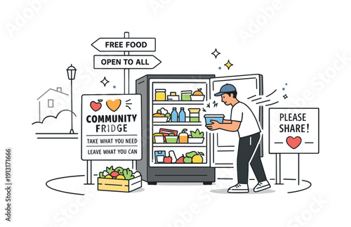 Image Generation. Community fridge in a neighborhood. A calm street corner scene with a stocked fridge and nearby signage, a passerby adds a container,