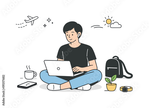 Minimalist tech lifestyle. Abstract editorial scene combining a person calmly using essential tech gadgets at home or on the go, limited