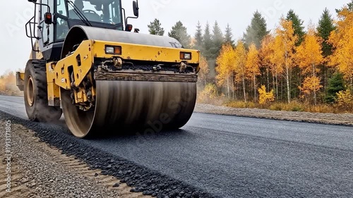 Road roller compacting fresh asphalt during autumn road construction