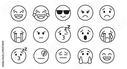 Black and white emoji face icon set featuring multiple facial expressions.