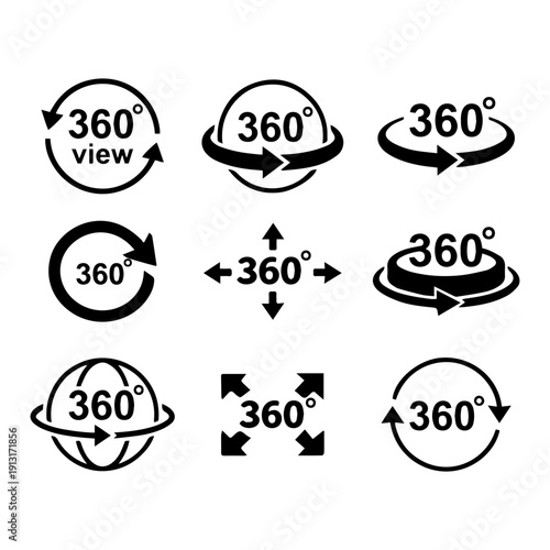 360 Degree View Icons Set, Rotation and Spin Symbols Collection