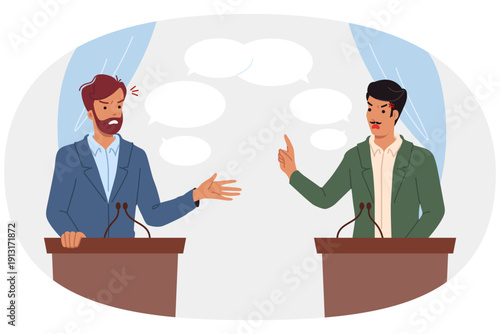 Political debate between two male candidates for senator or president standing behind podium. Political debate before adoption of socially important law on migration or environmental issues