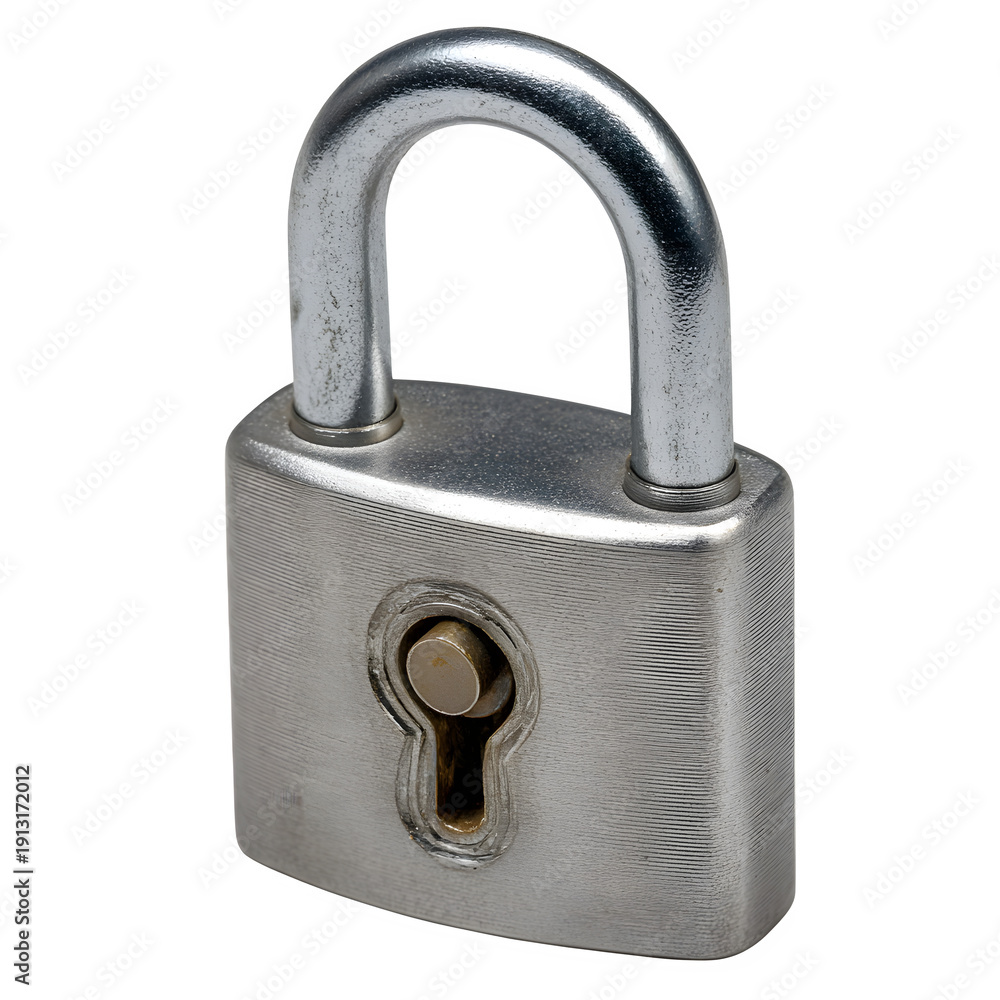 Fototapeta premium A silver padlock with an open shackle and keyhole on a Transparent background PNG for security and protection concepts.