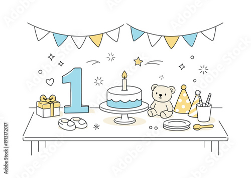 Minimalist First Birthday Decor. Baby first birthday decor setup. Table with a small cake, number one decoration, and gentle party details being arranged.