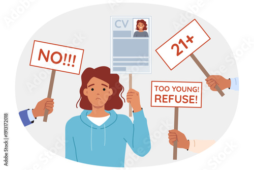 Age discrimination prevents young woman with CV from getting job, standing among hands with ageism posters. Problem of ageism in society violates rights of graduates without real career experience