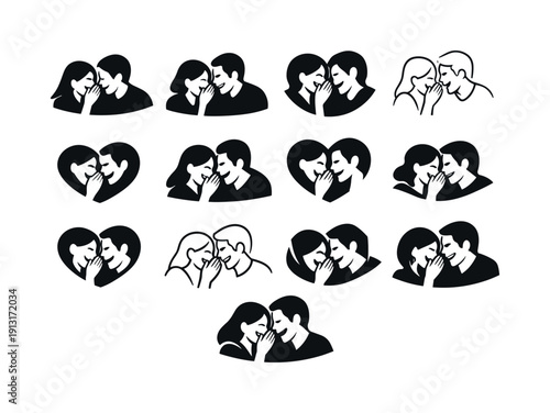 couple sharing an inside joke. Icon set. Set Logo of couple sharing an inside joke: laughing couple silhouette. harmonious logo variations of