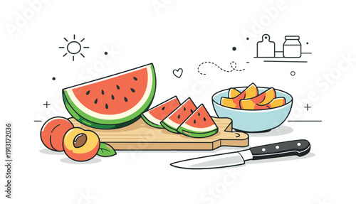 Summer Fruit Prep. Summer fruits on the kitchen counter ? sliced fruit preparation. A relaxed scene of cut watermelon and peaches on a counter with a knife