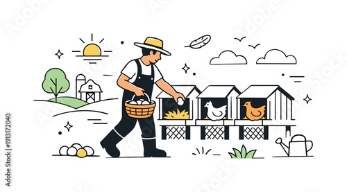 Image Generation. Rural daily task. A worker walks along a row of coops collecting eggs in the early morning. Calm productivity and connection to nature, with