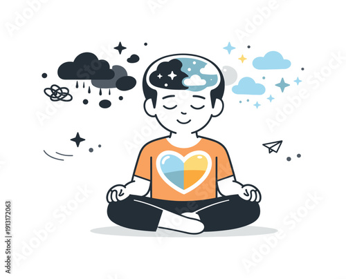 Emotional healing process. A person sitting calmly with a transparent heart and mind, where dark abstract forms slowly dissolve into lighter