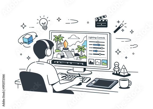 CGI creation process. A professional refining visual effects on a computer screen showing a stylized 3D environment and lighting controls.