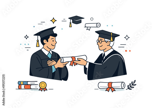 Graduation Achievement Moment. Academic achievements and graduations ? graduation ceremony moment. A student wearing a graduation cap receives a diploma,