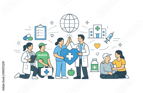 Community Health Collaboration. Community health teamwork. Doctors, nurses and volunteers working together around health icons. Collaboration, equity and