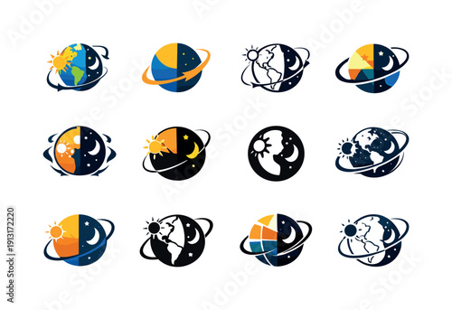 Earth's rotation. Icon set. Set Logo of Earth's rotation: day and night Earth. harmonious logo variations of the same emblematic concept,