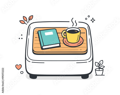 Chic Ottoman Design. Ottoman with tray top. A top-down view of an ottoman holding a small tray with a book and cup, relaxed living room mood and tidy