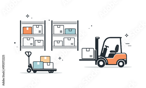 Image Generation. Warehouse operations. Minimal icon scene with shelves, boxes, and a simple forklift or cart, symbolizing organized storage and fulfillment