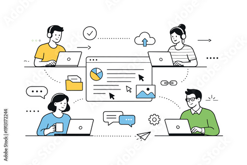 Remote team collaboration. People in different locations connected through laptops, shared documents and cursors floating gently, feeling of