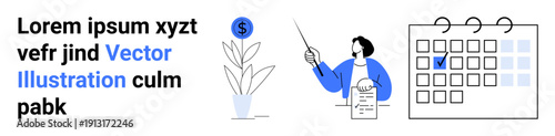 Financial planning, business strategy, task scheduling, productivity, investment management, goal setting. Person pointing at the calendar with highlighted date alongside money-growing plant