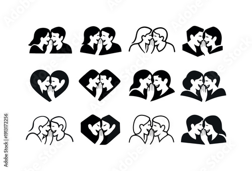 couple sharing an inside joke. Icon set. Set Logo of couple sharing an inside joke: laughing couple silhouette. harmonious logo variations of
