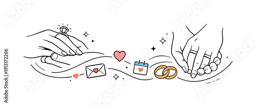 Wedding rings and close-up shots of hands. Abstract symbolic scene with hands and rings connected by soft lines and small icons of love and