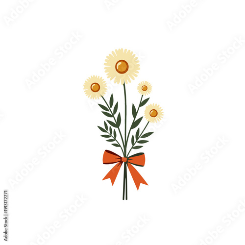 simple bouquet of daisies tied with a red ribbon bow