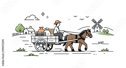 Rural Horse-Drawn Cart. Traditional modes of transport ? horse-drawn cart in rural life. A calm countryside scene with a wooden cart pulled by a horse,