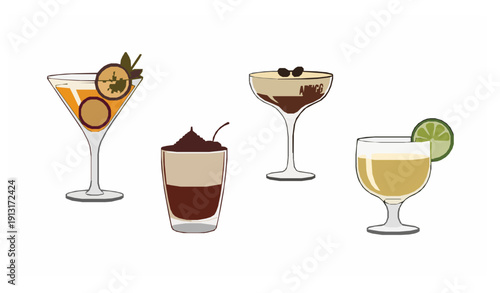 Modern cocktail drinks vector collection with martini espresso manhattan and gimlet isolated on white background