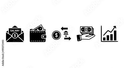 Comprehensive Financial Icon Set Representing Salary Payments Wallet Savings Banking Transactions and Upward Business Growth
