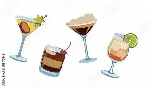 Glamorous cocktail drink vector set with modern martini espresso manhattan and gimlet illustrations isolated on white background