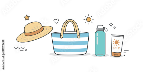 Summer beach objects collection. Straw hat, beach bag, water bottle, and sunscreen arranged with plenty of white space. The illustration