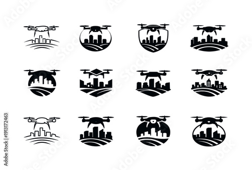 Drone Logo Variations. Drone aerial shots for landscapes and cityscapes. Icon set. Set Logo of Drone aerial shots for landscapes and cityscapes: city skyline