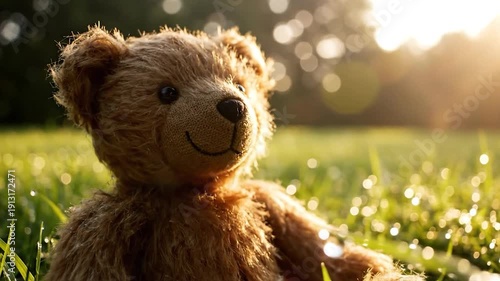 Brown teddy bear sitting in green dewy grass during golden sunlight outdoor